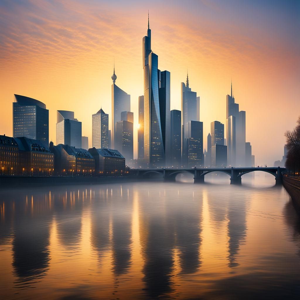 Frankfurt Skyline at Dawn: Impressionist River Scene