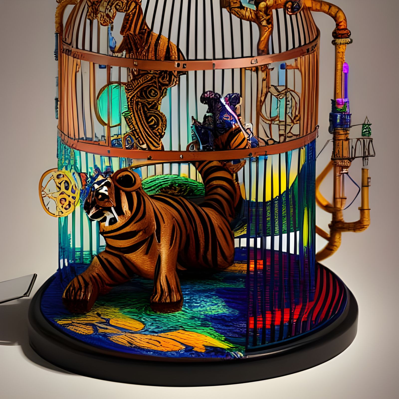 Steampunk Tiger in Birdcage with Intricate Glasswork