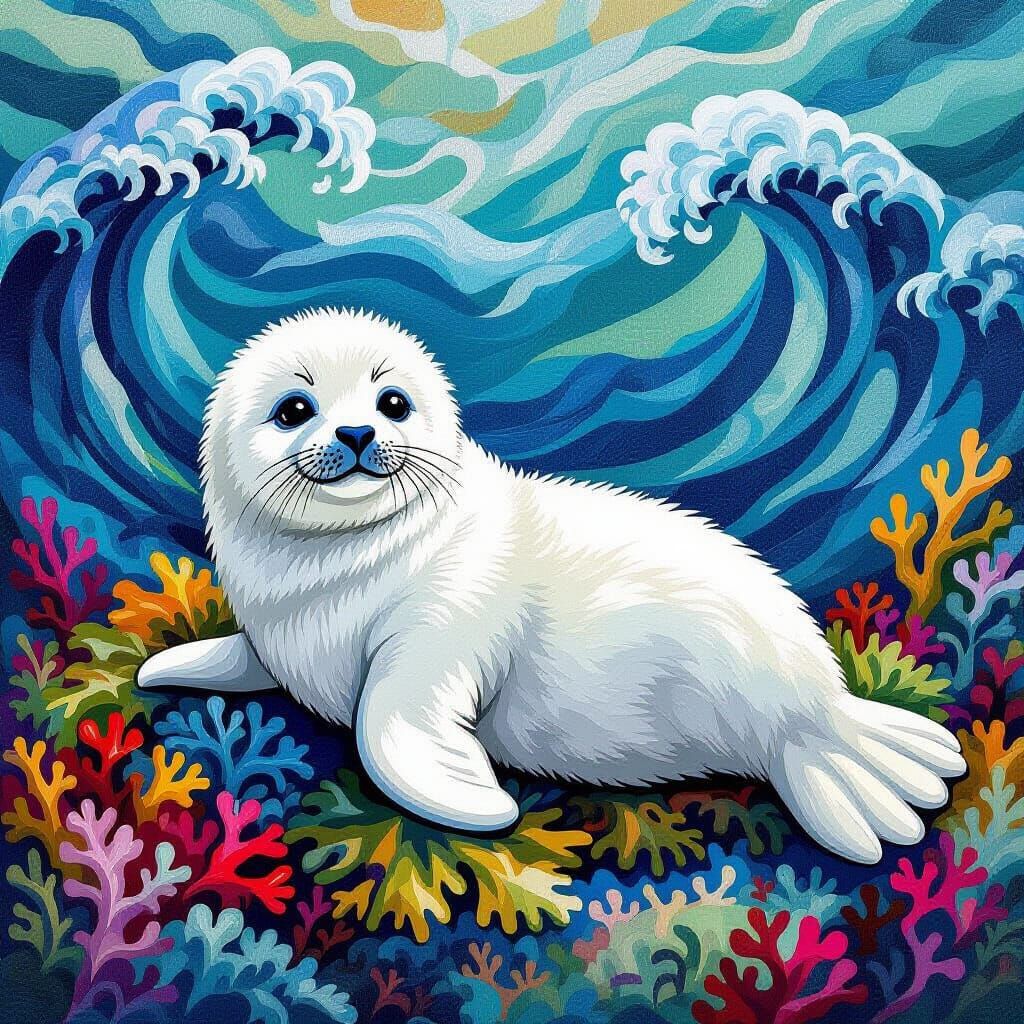 Fluffy Baby Seal on Seaweed as Medieval Tapestry