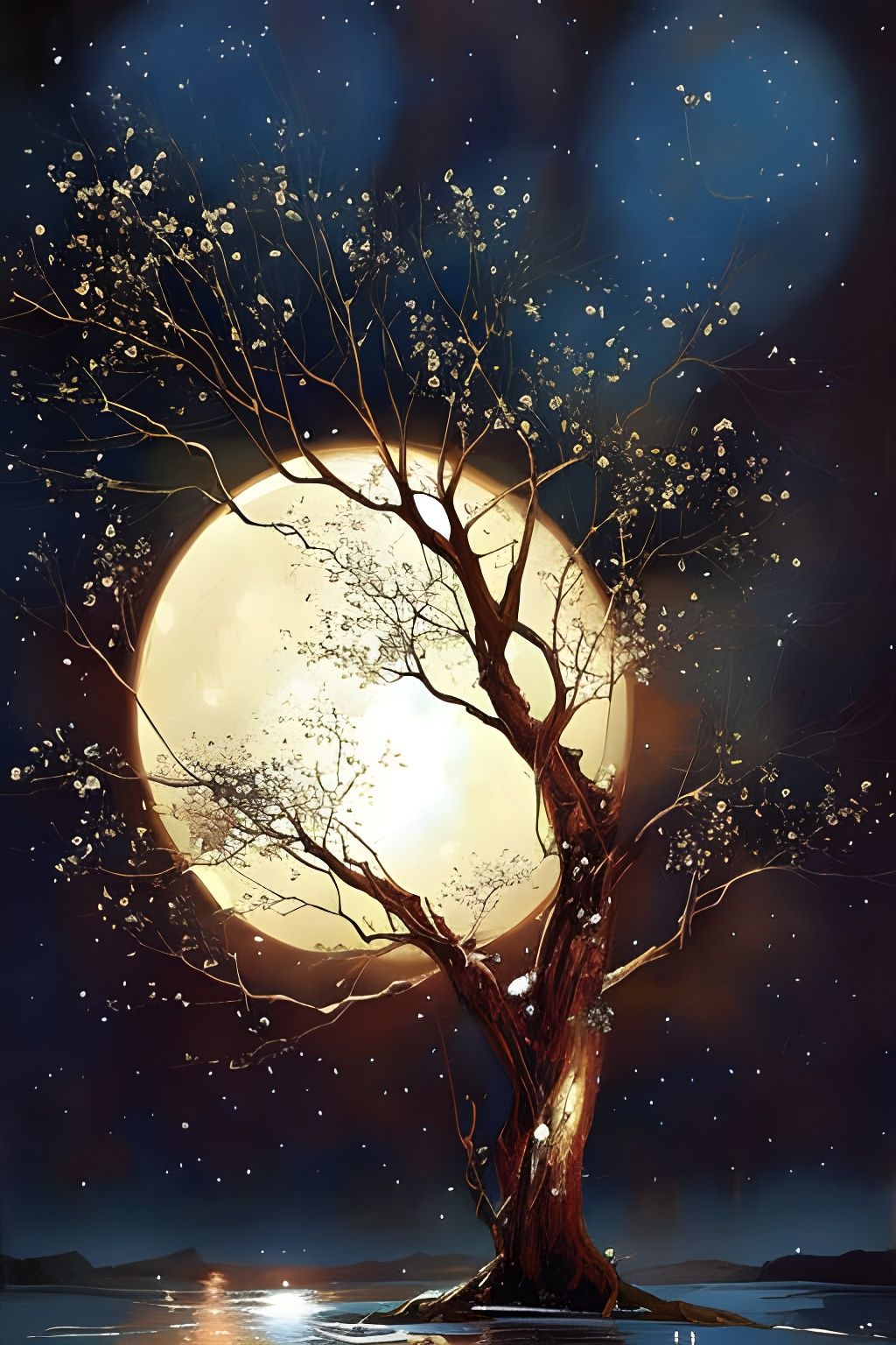 Sparkling Tree Spirals Around Moon in Impasto Style