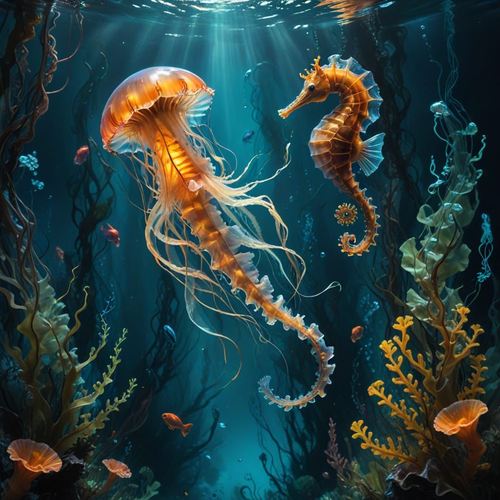 Bioluminescent Seahorse and Jellyfish in Kelp Forest