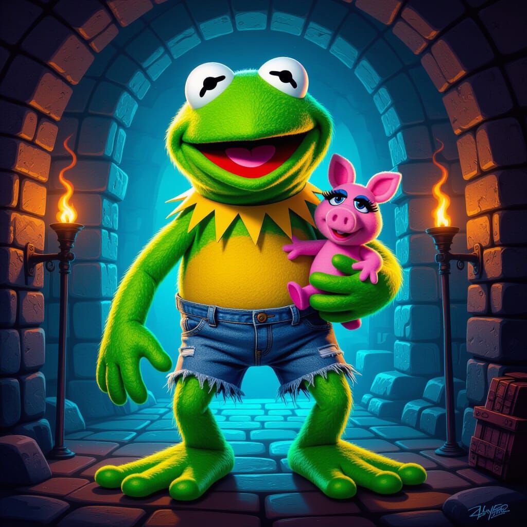 Giant Kermit the Frog Holds Mini Miss Piggy in Torchlit Dung...