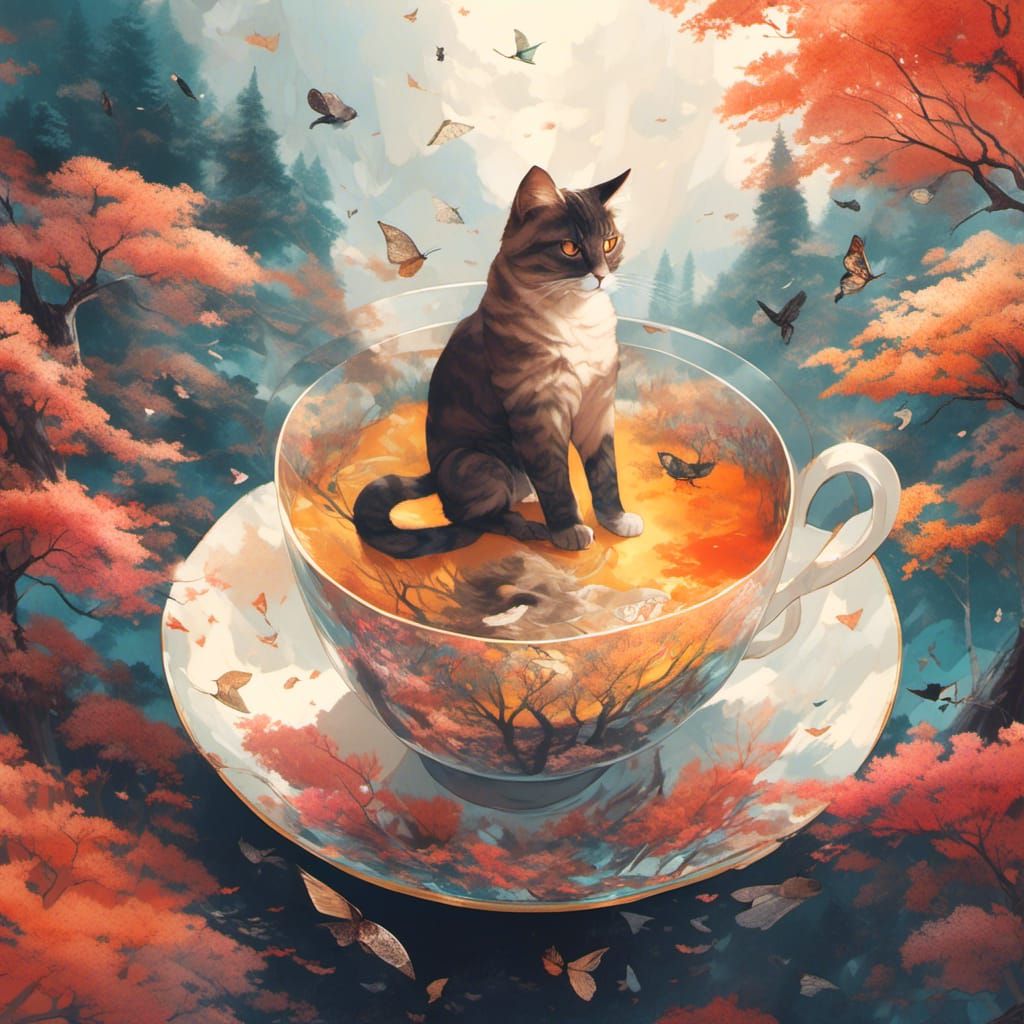 Elegant Tea Cup with Cat Double Exposure