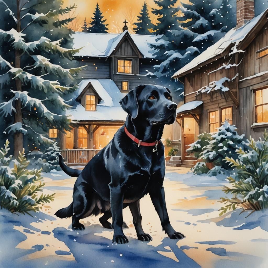 Black Lab Plays in Winter Snow: Watercolor Painting