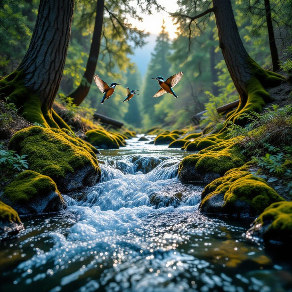 Vibrant Kingfishers Above Mountain Stream in Ultra-Realistic...