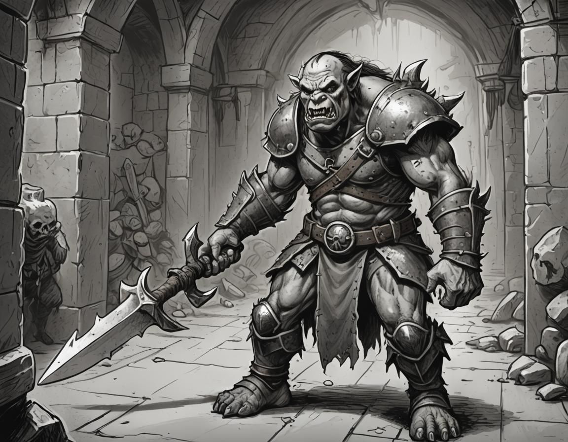 Orc Warrior in Dungeon, Comic Book Sketch