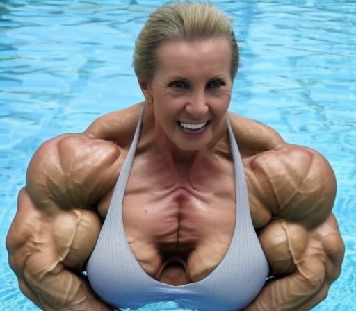 Muscular Bodybuilder Mom at the Swimming Pool