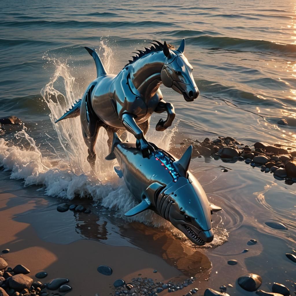 Cybernetic Shark-Horse Charges at Sunset: 3D Rendering