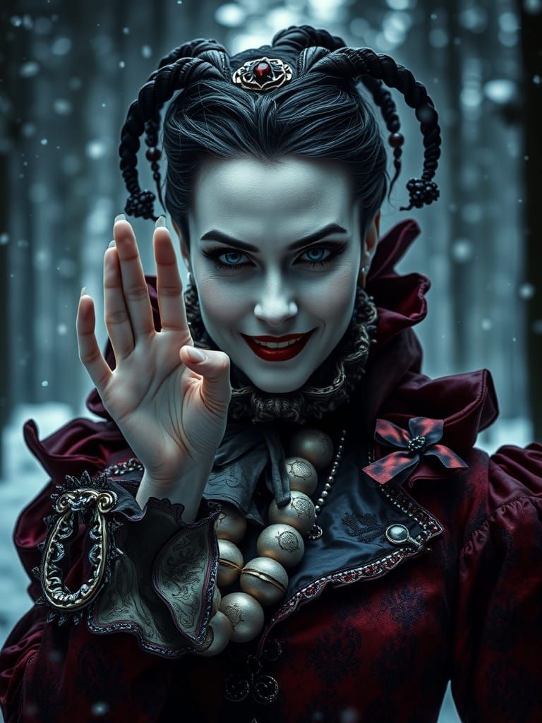 Harlequin Woman in Victorian Attire with Sinister Smile