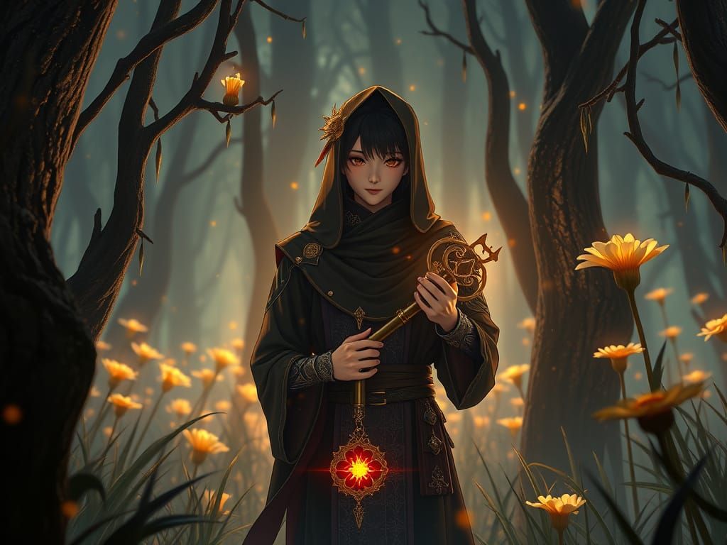 Harmony Key in Corrupted Forest: Digital Anime Art