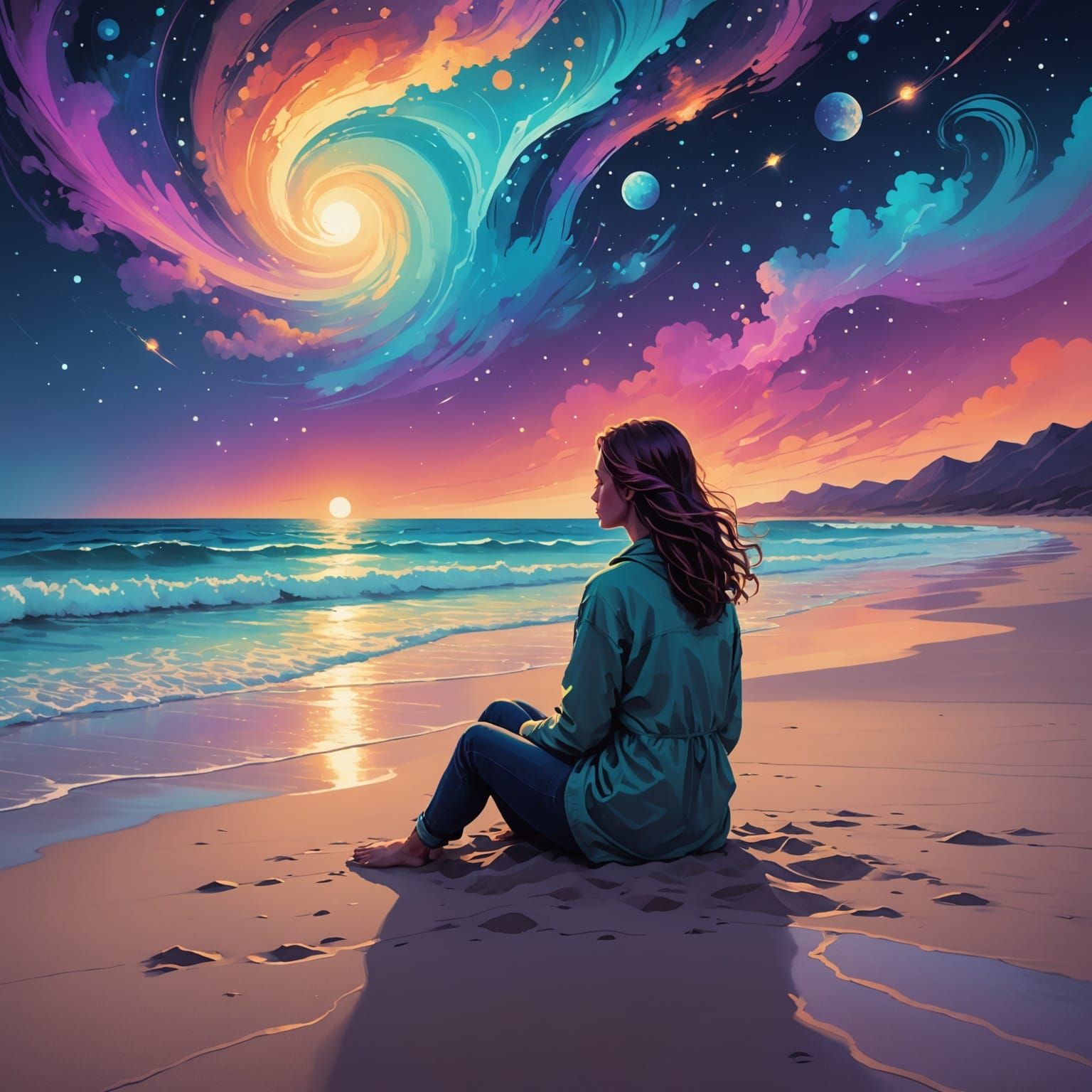 A solitary woman sits on a deserted beach at dusk