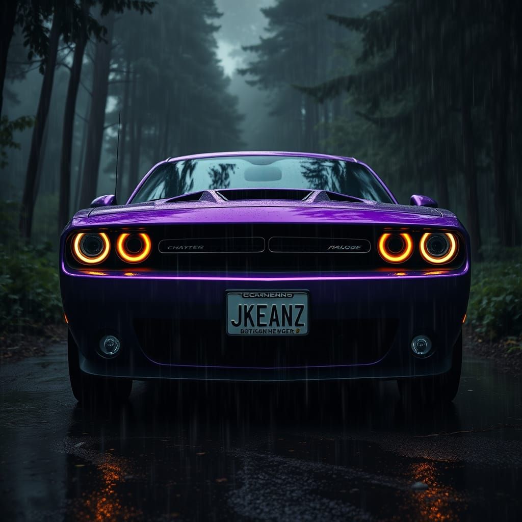 Purple Dodge Challenger in Rainy Forest: Hyperrealistic Rend...