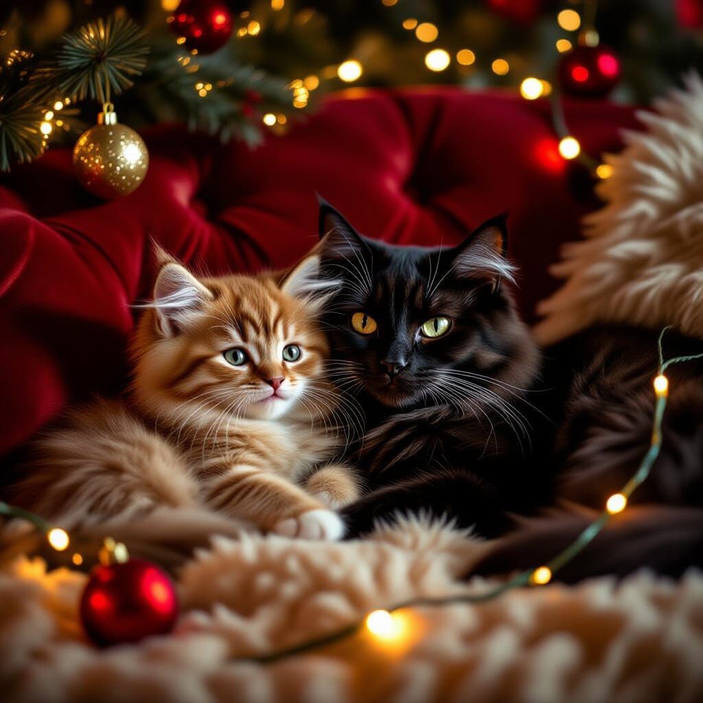 Fluffy Kitten and Cat on Christmas Couch