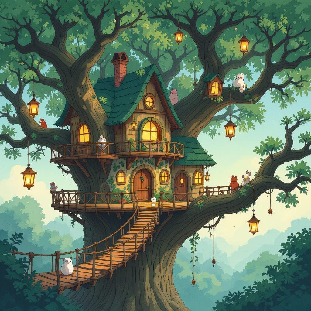 Dreamy Treehouse Village Inspired by Ghibli Art