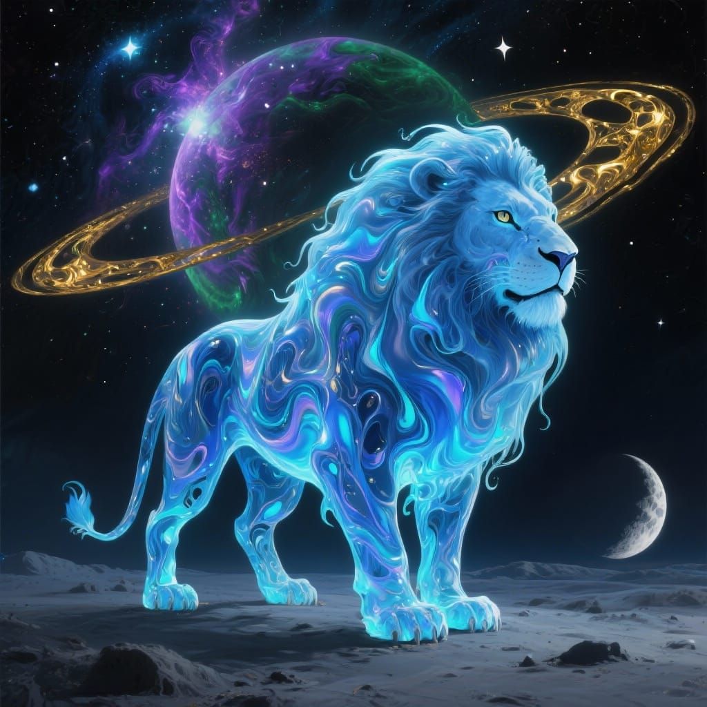 Bioluminescent Fluid Lion on Moonlit Landscape