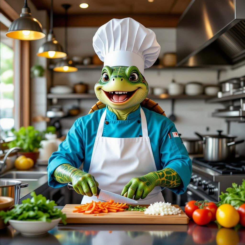 Turtle Chef Sings in Bustling Restaurant: Digital Art