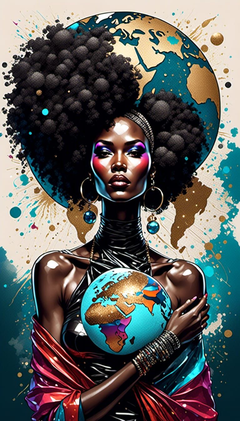 Black Woman Globe Afro in Abstract Ink Drawing