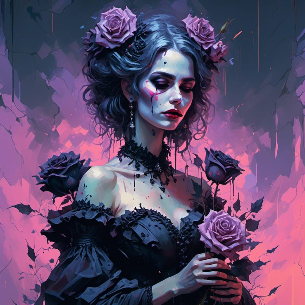 Gothic Vampire Woman with Rose in Glitch Art Style