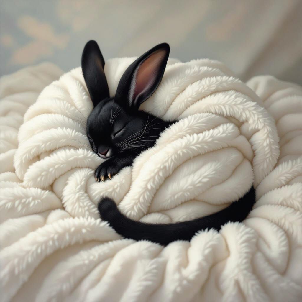 Rabbit-Panther Hybrid Sleeping on Plush Blanket