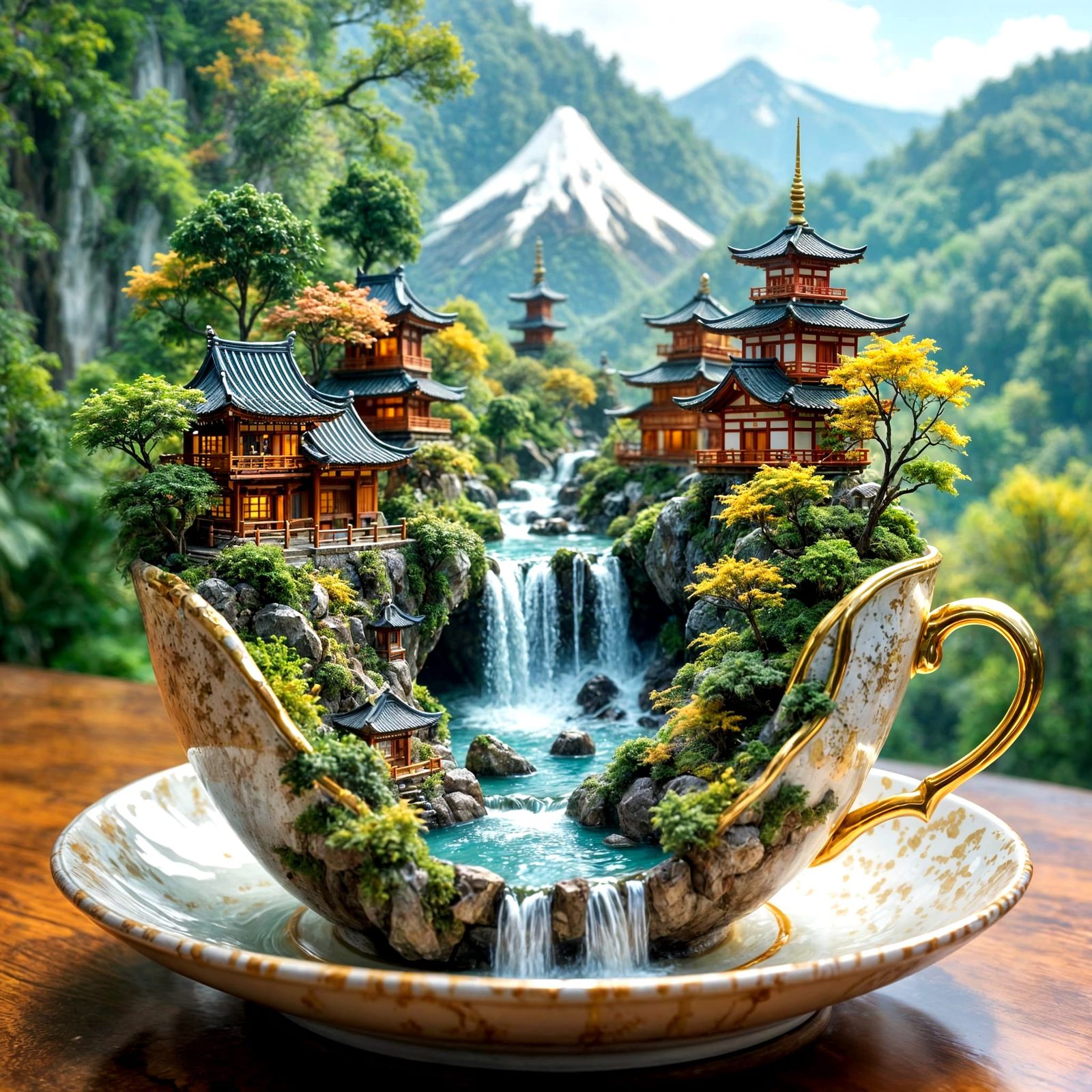 Miniature Japanese Village Inside a Teacup