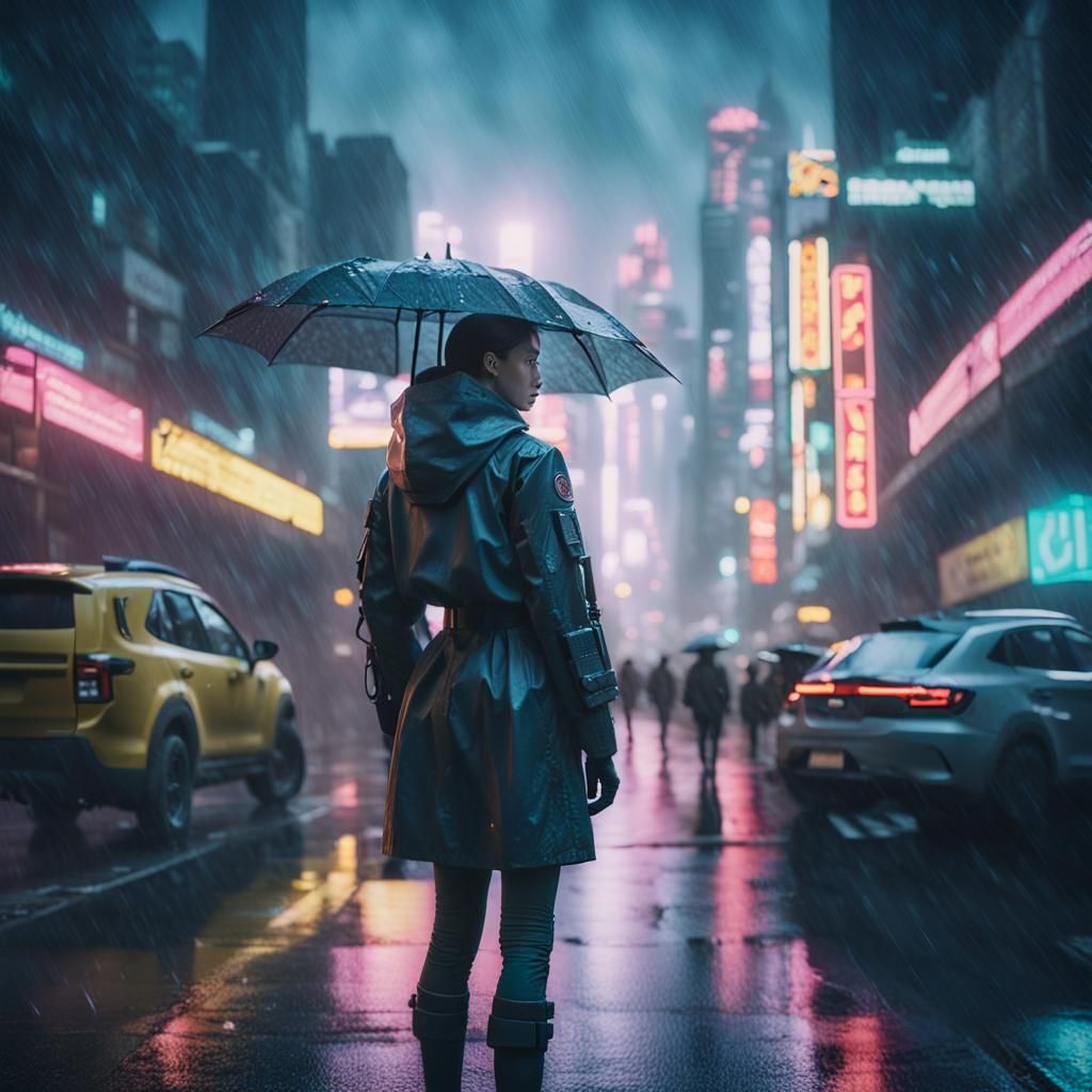 Cyberpunk Heroine in Rainy Cityscape: Cinematic Film Still