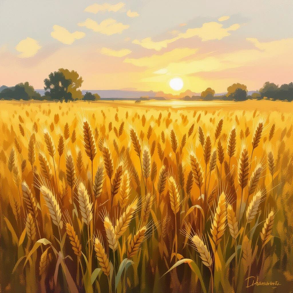 Golden Wheat Field at Dawn in Impressionist Style
