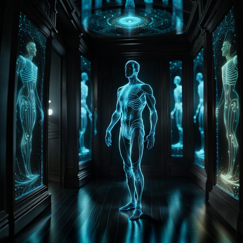 Bioluminescent Man Hologram in Dark Room