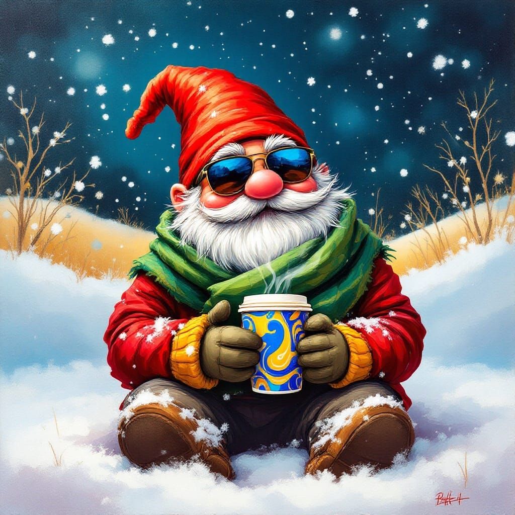 Vibrant Gnome Sits in Winter Wonderland