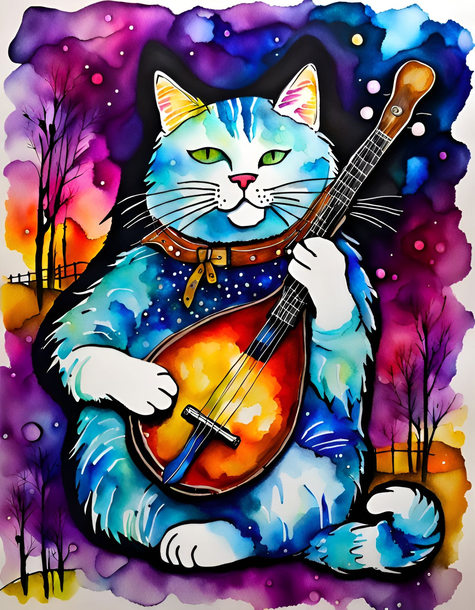 Cat Playing Banjo in Alcohol Ink Style