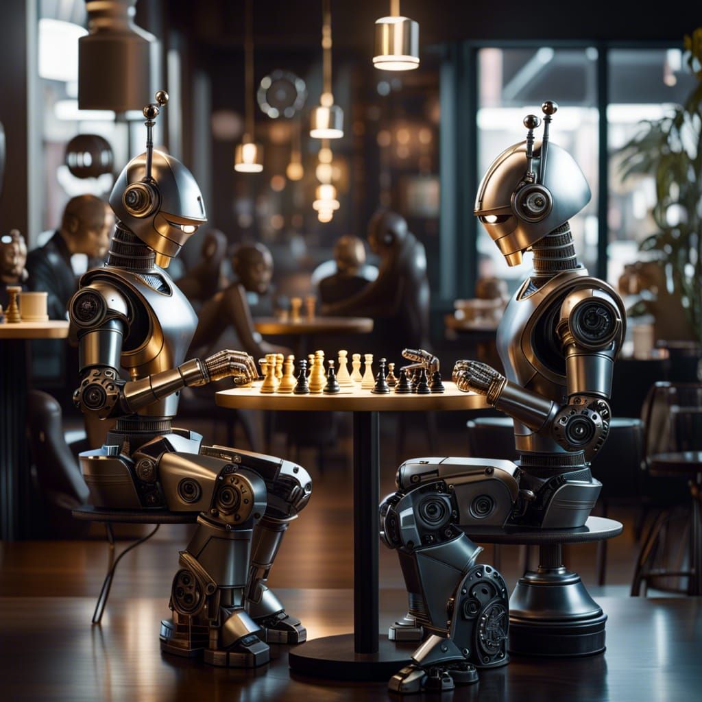 Robots Play Chess in Cozy Cafe Setting