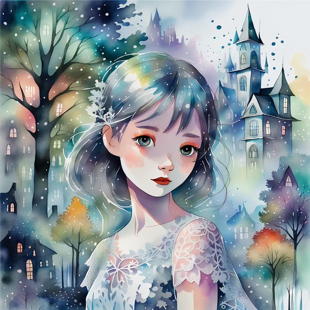 Ethereal Ghostly Figure in Enchanted Cityscape: Watercolor P...