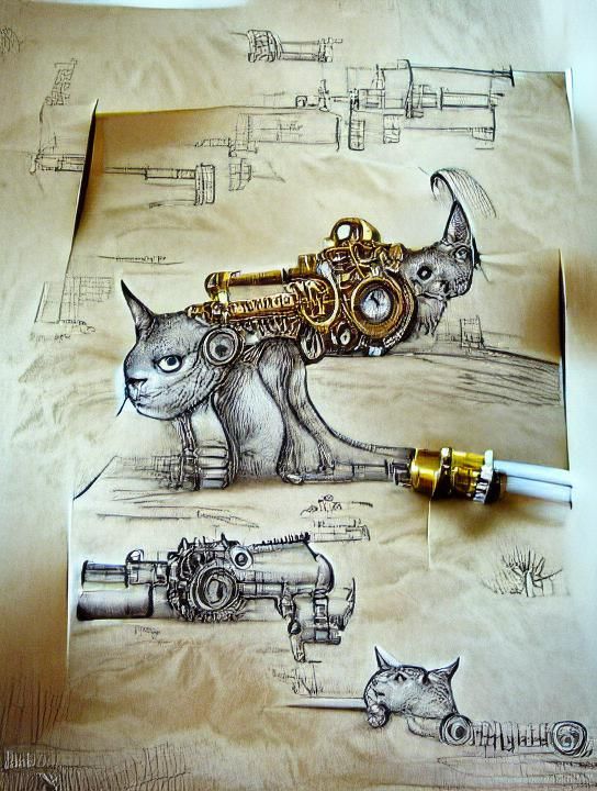 Steampunk Catgun Invention Blueprint in Ink and Pencil