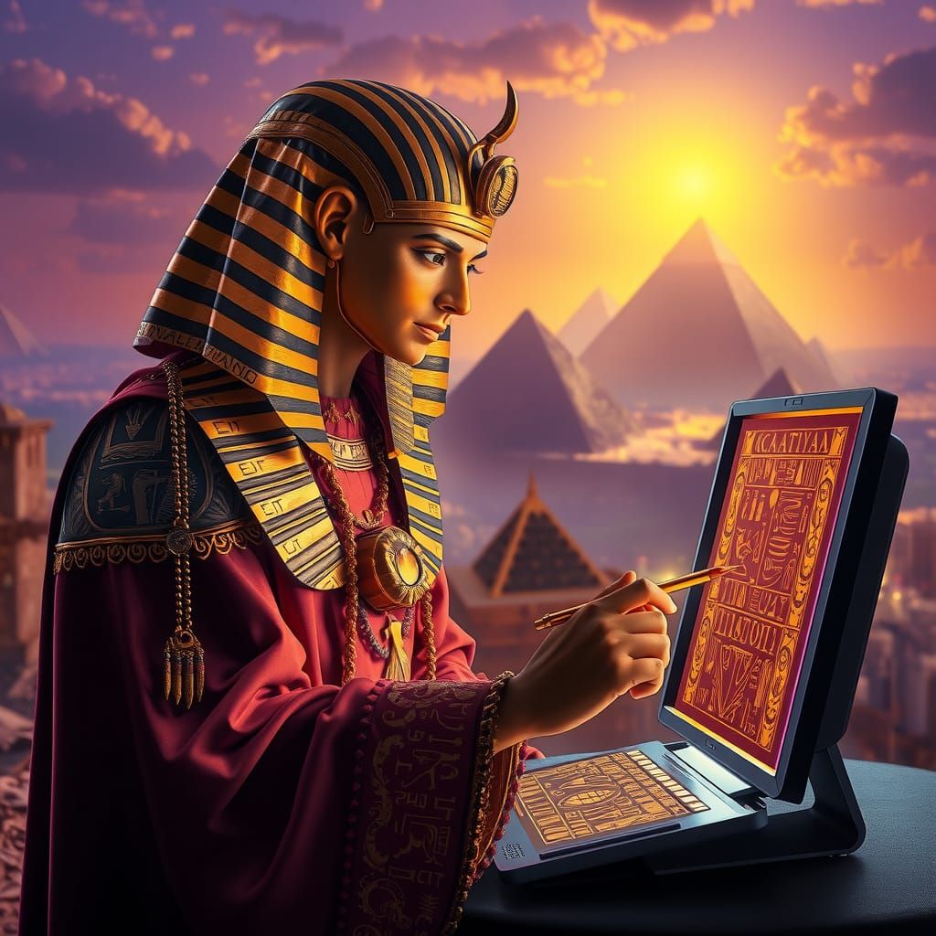 Ancient Scribe Sculpting Hieroglyphs in Art Deco Style