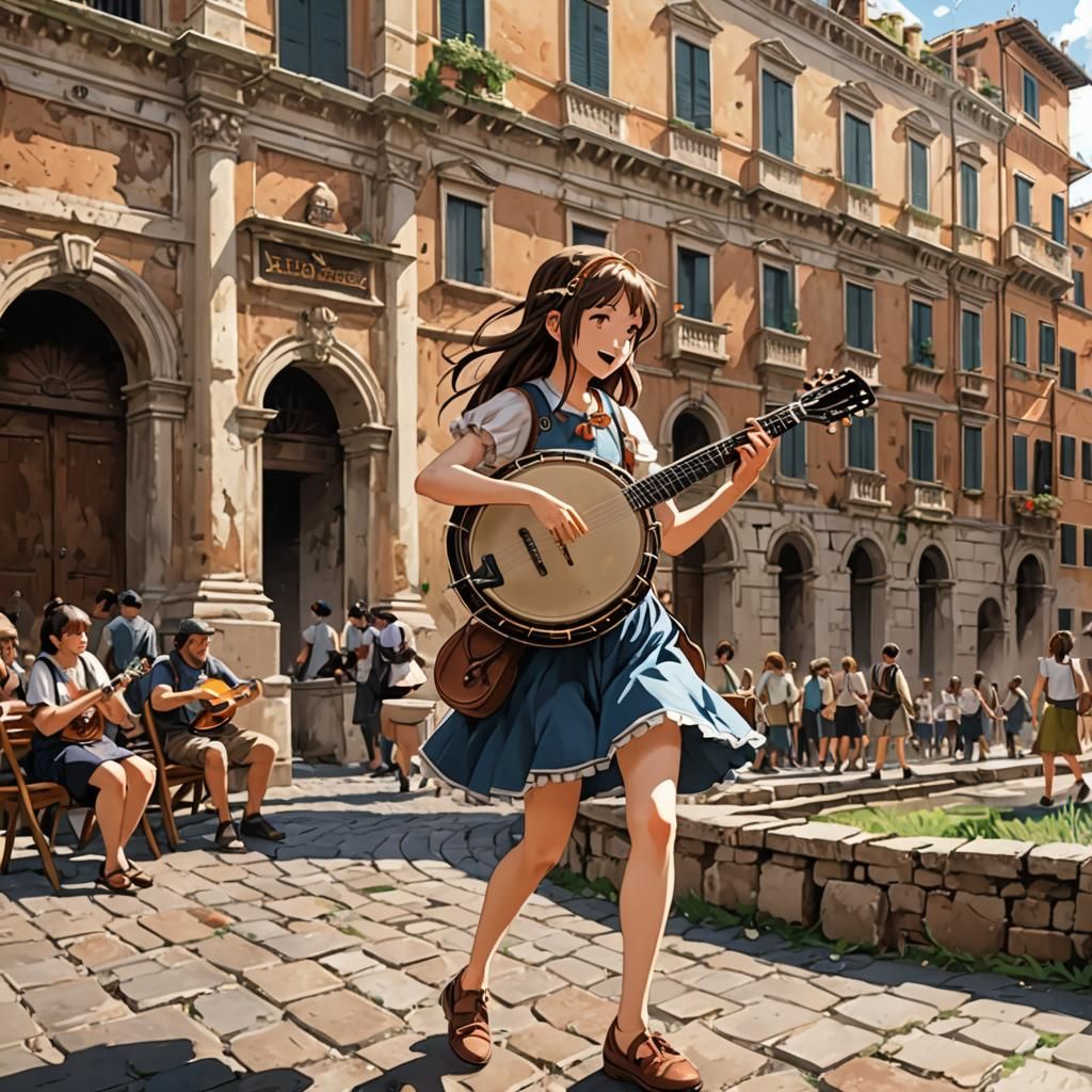 Girl Plays Banjo in Rome: Anime Style