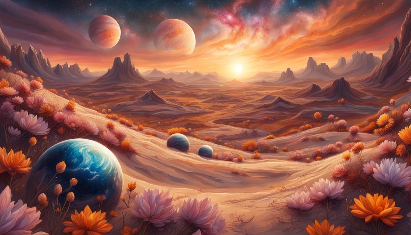 Planets in a Flower Desert: Ornate Oil Painting
