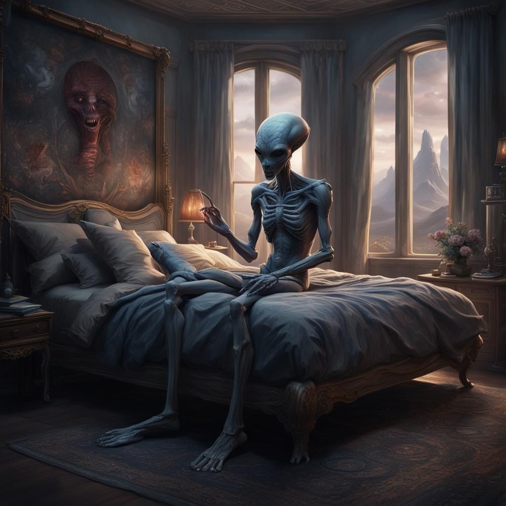 Grey Alien Licking Fingers: Detailed Matte Painting