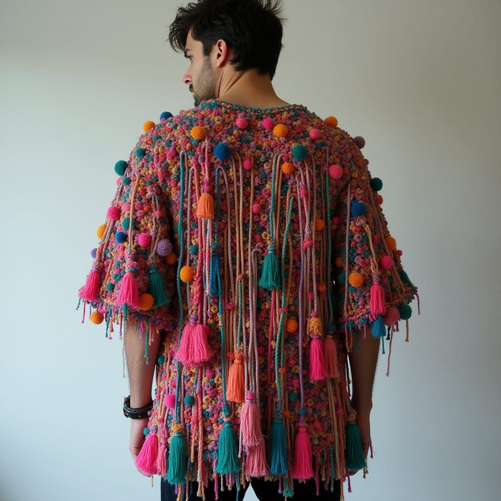 Whimsical Pompon Poncho in Street Art Style