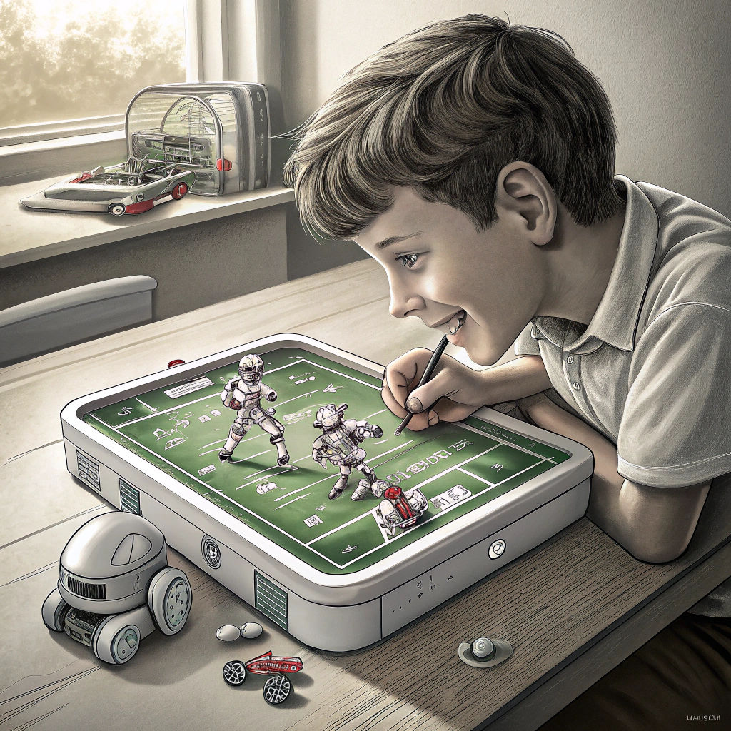 Boy and Futuristic Robot Football Toy: Charcoal Drawing