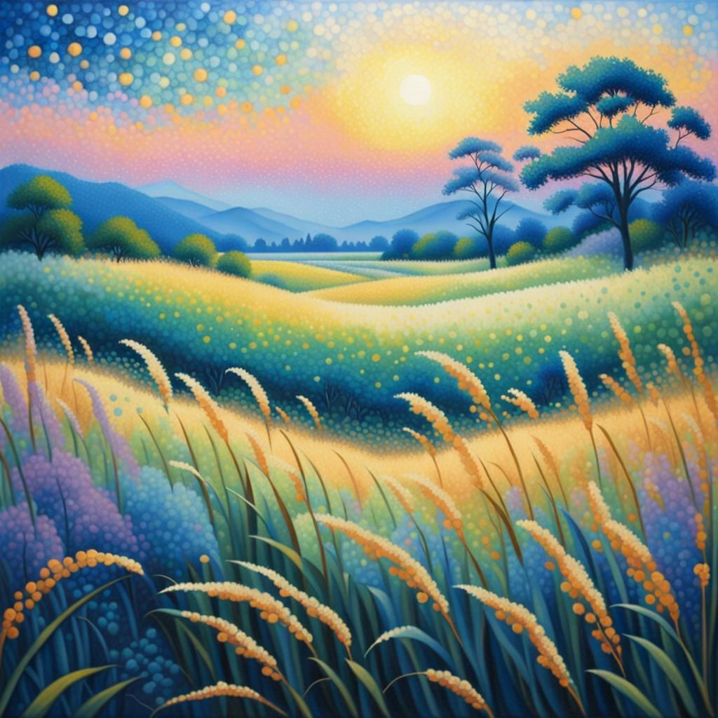 Dreamlike Meadow in Pointillism Style at Dusk