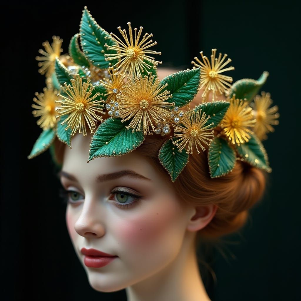Regal Tiara Adorned with Golden Dandelions and Emerald Leave...