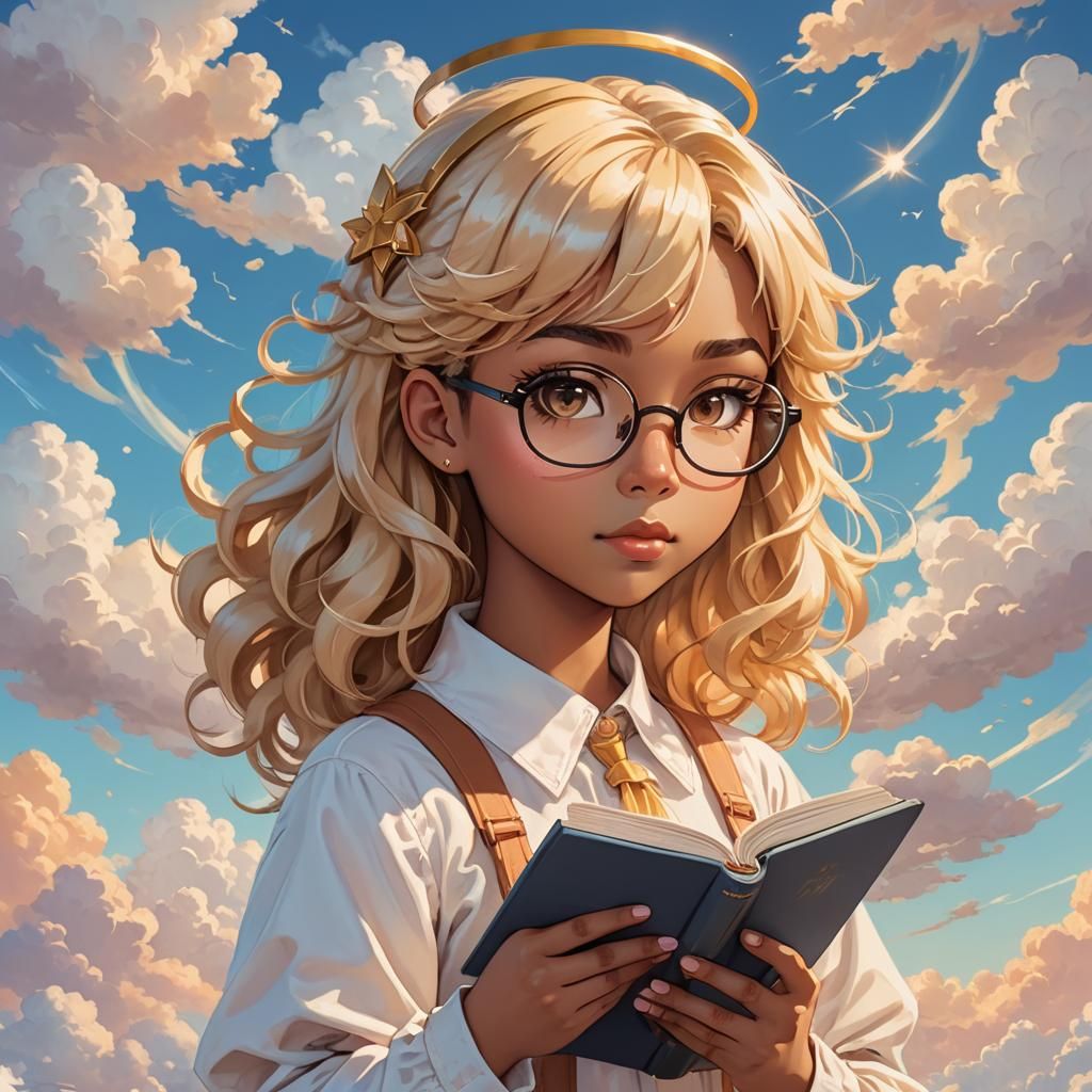 Anime Angel Girl Reading in Heaven