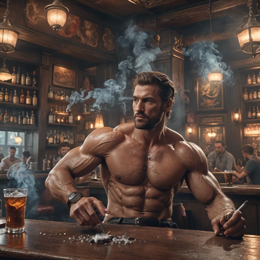 Shirtless Man Smoking: Detailed Fantasy Art
