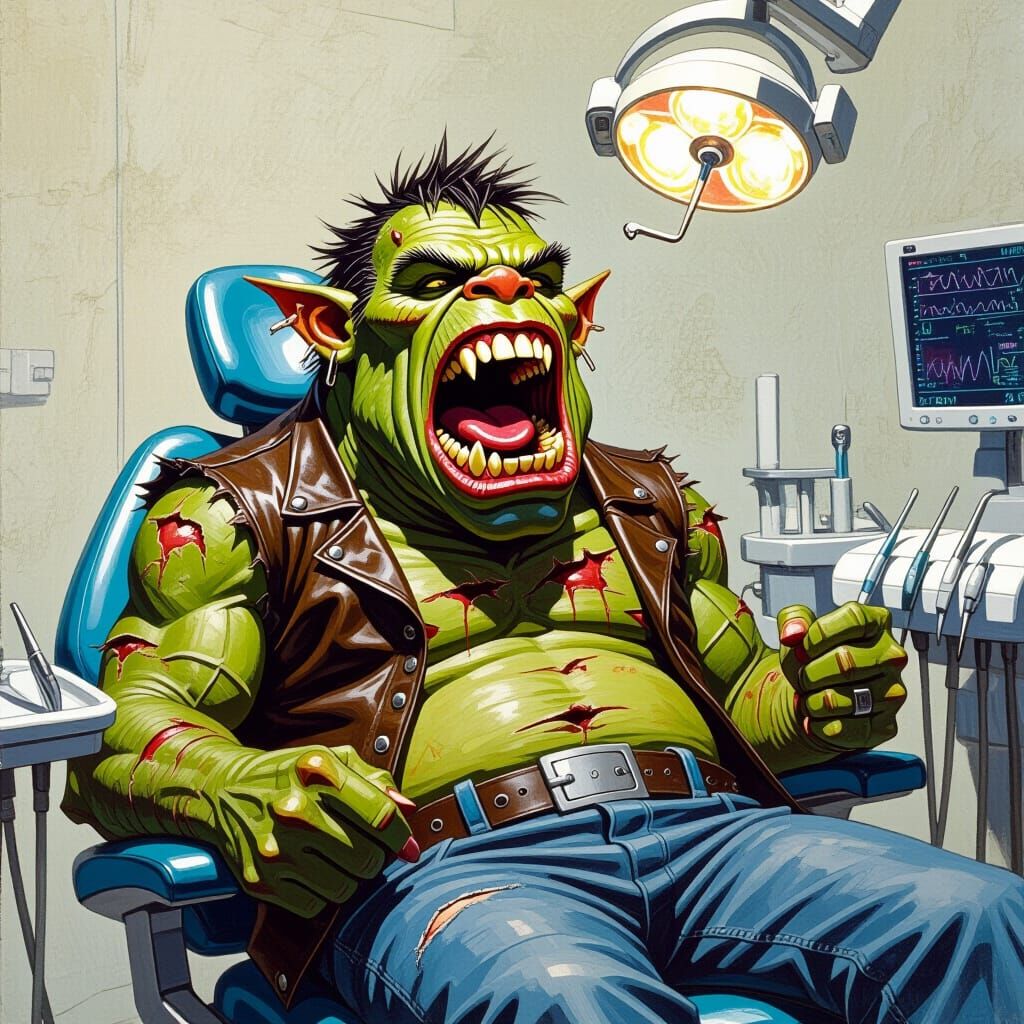 Ogre Dental Visit in Dark Fantasy Style