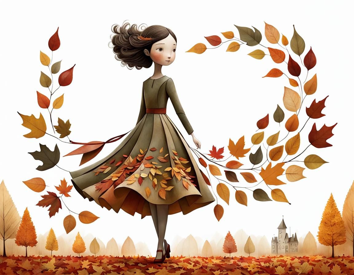 Girl in Autumn Leaf Dress: Whimsical Surreal Illustration