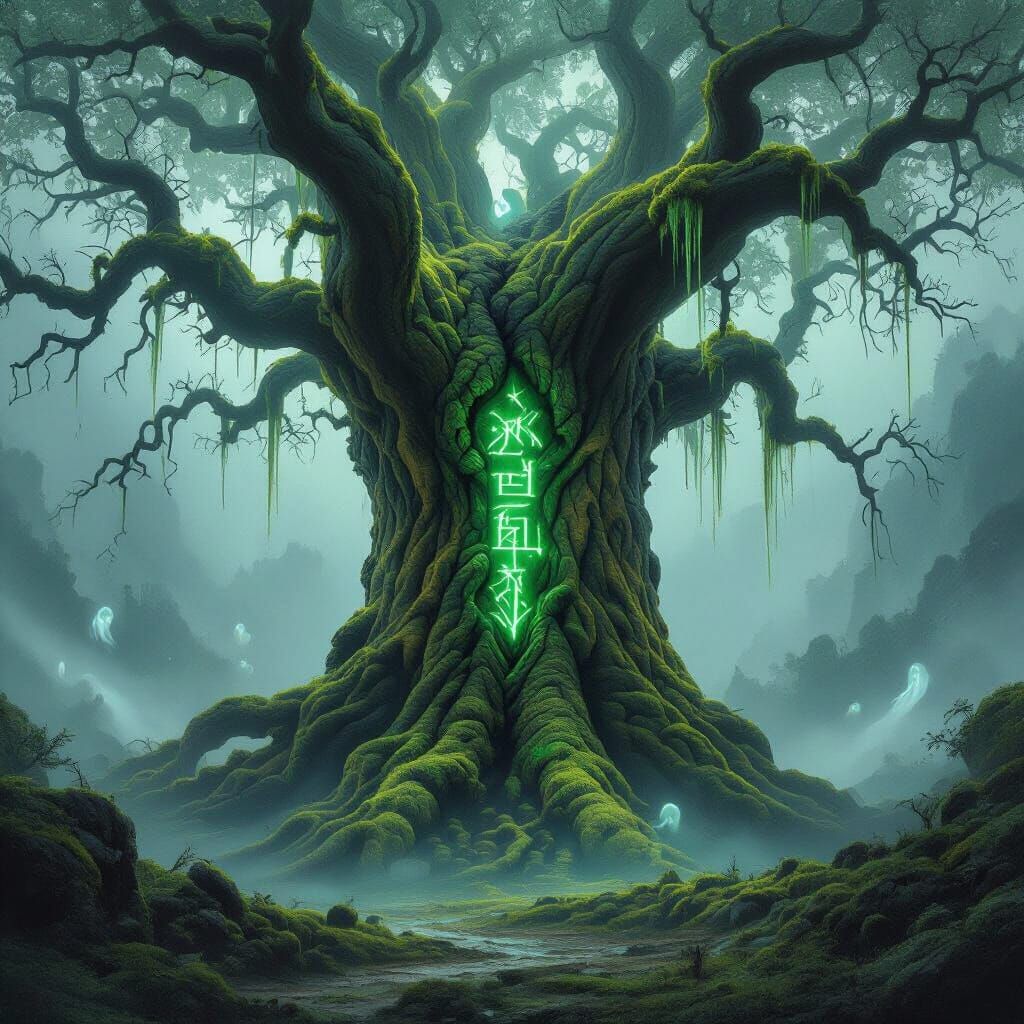 Mystical Tree with Glowing Runes in Misty Valley