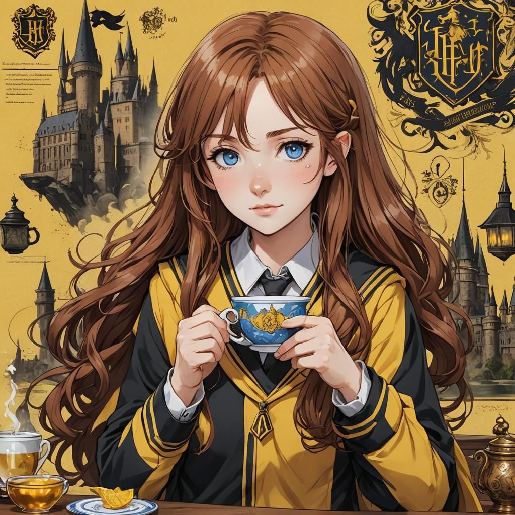 Hufflepuff Girl Drinking Tea in Anime Style