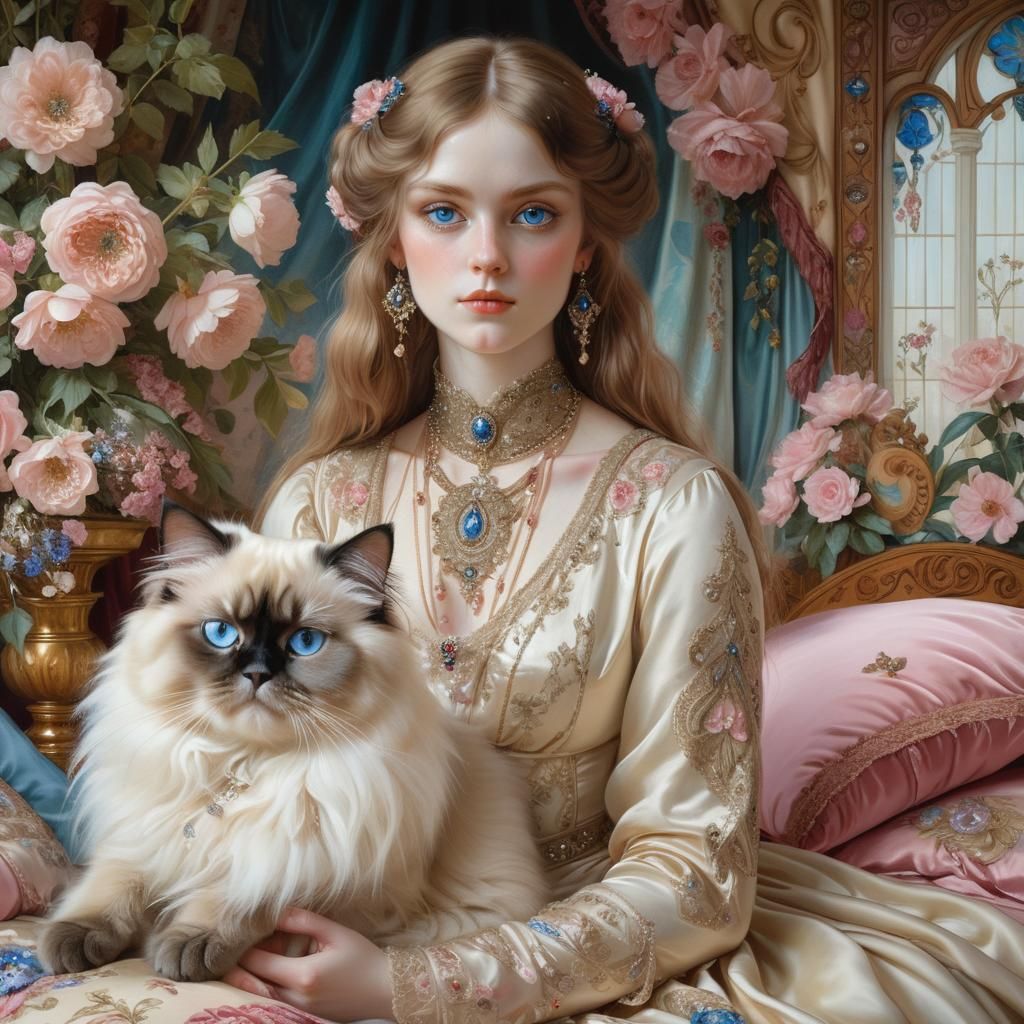 Woman with Cat: Pre-Raphaelite Oil Painting