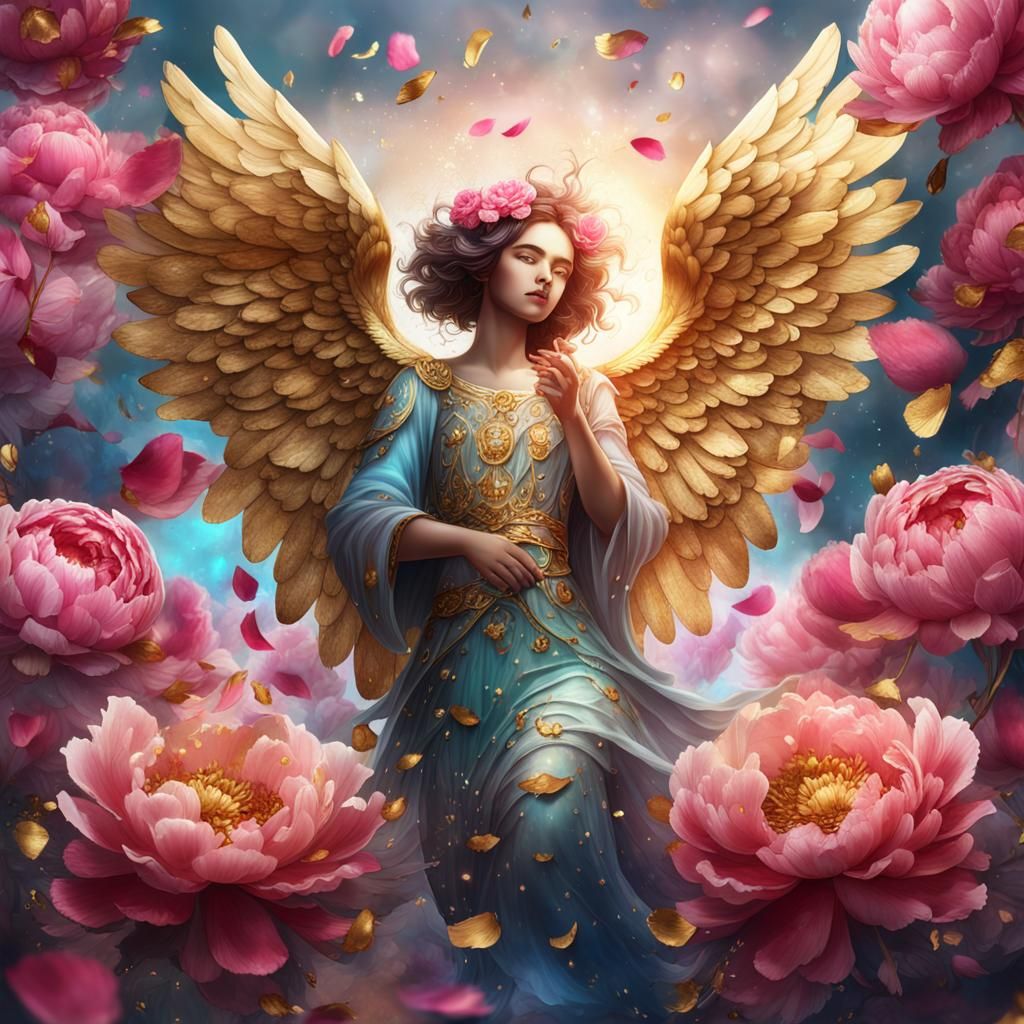 Angel with Peony Petals in 3D Alcohol Ink