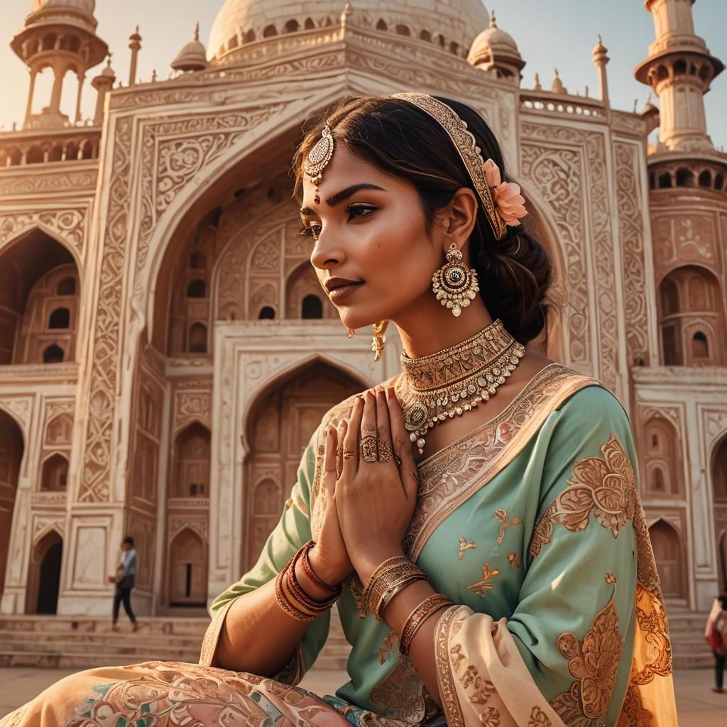 Indian Model with Henna and Taj Mahal Backdrop