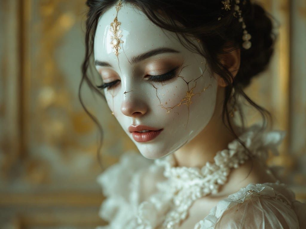 Elegant Woman Reveals Sorrow Beneath Porcelain Mask in Baroq...